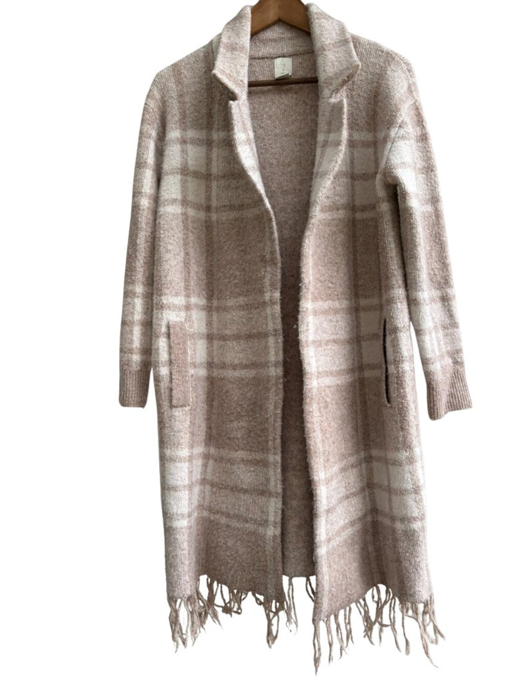Joie Beige Plaid Fringe Duster Cardigan Sweater Coat Jacket Size Small